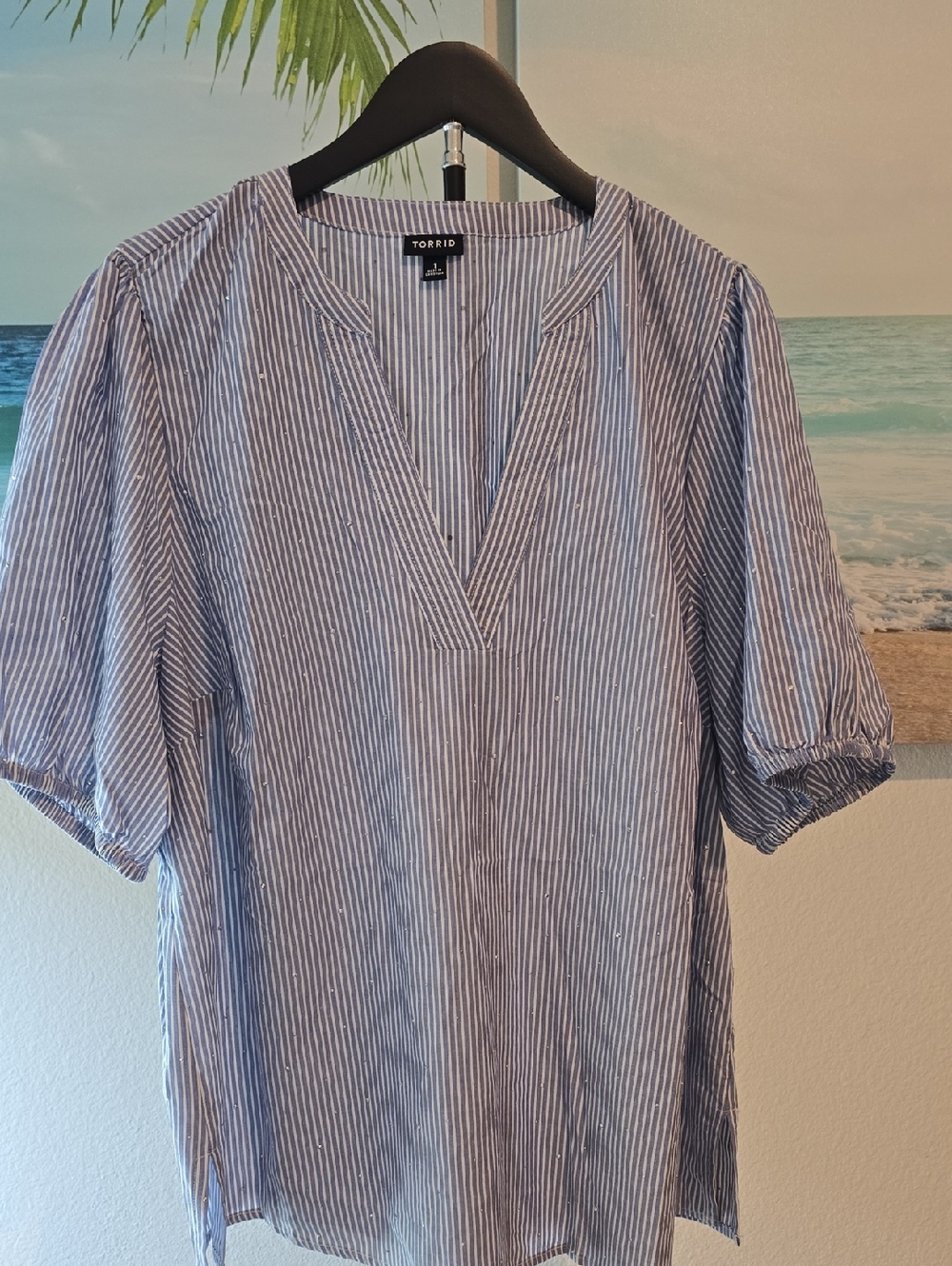 TORRID Belle Isle Blue and White Pinstripe Sequin V-Neck Short Sleeve Shirt 1X